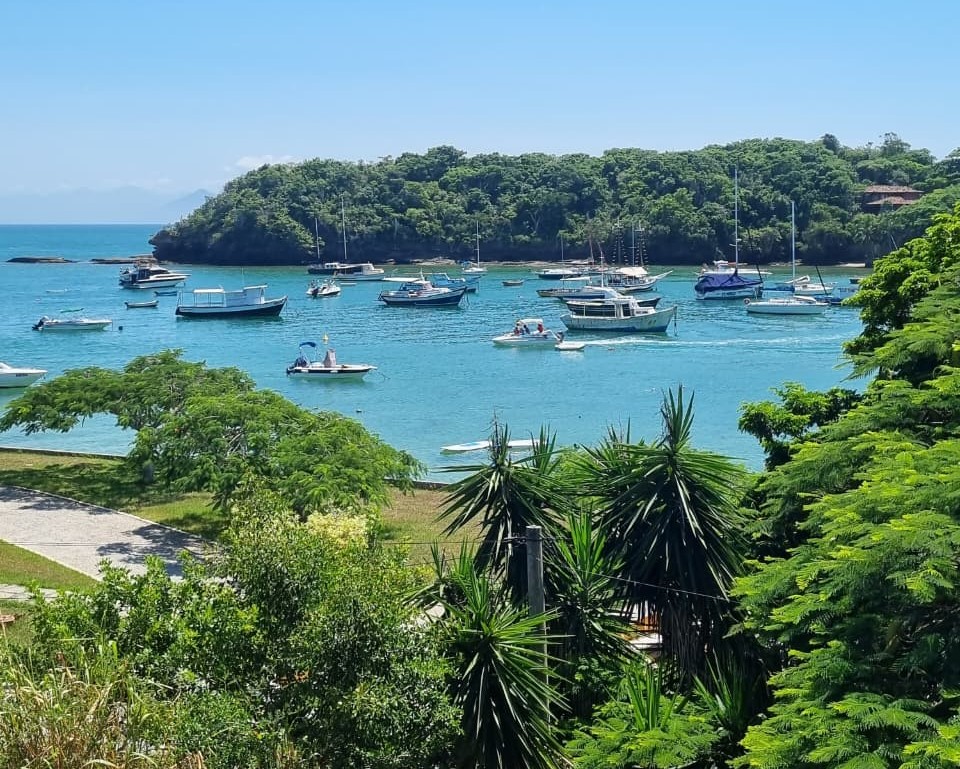 Baie bordée de bateaux et de végétation à Búzios